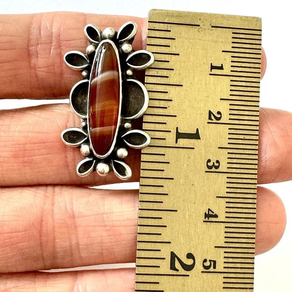 VTG Navajo Petrified Wood Agate Marquis Ring Sz 6.5 Signed JJ Sterling‎ 60s